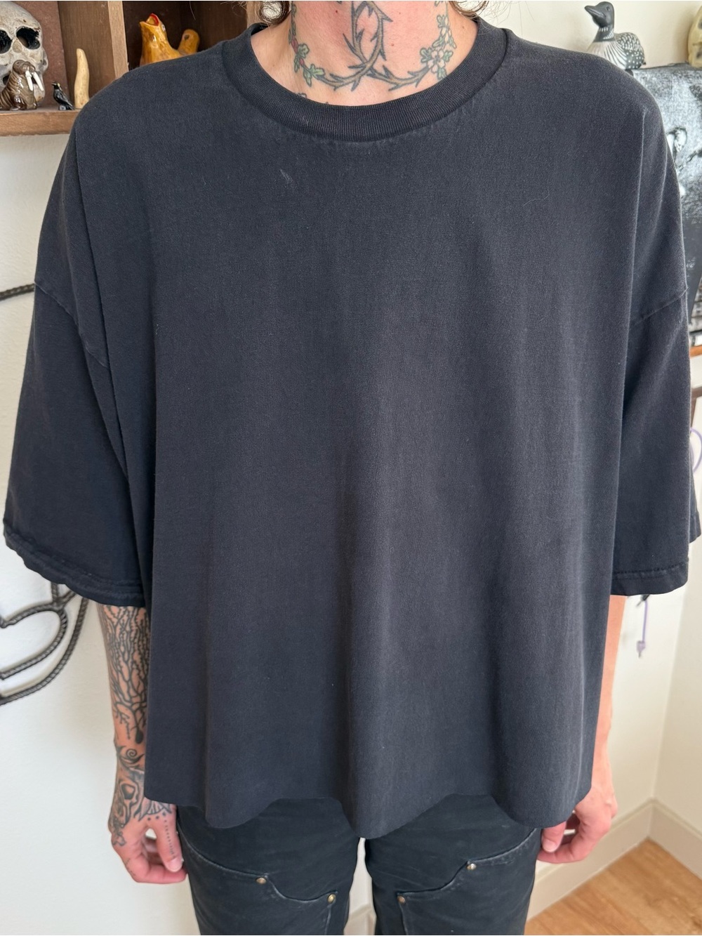 Vintage 90s Cropped Boxy Faded Black Cotton Tee ~ Size 3XL